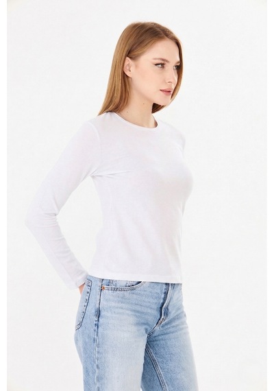 Sortie Collection Bisiklet Yaka Pamuklu Uzun Kollu Basic Penye Tişört Bluz Ekru