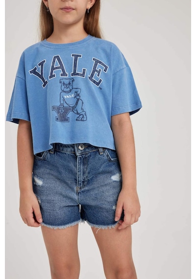 Defacto Kız Çocuk Yale University Relax Fit Bisiklet Yaka Kısa Kollu Tişört A5236A823HSBE105 Mavi