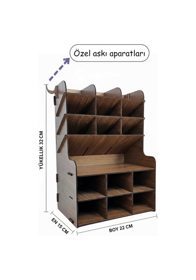 Linea 15 Gözlü Masaüstü Ahşap Organizer Kalemlik- Takı Makyaj Çok Amaçlı Organizer Ceviz Renk Genel