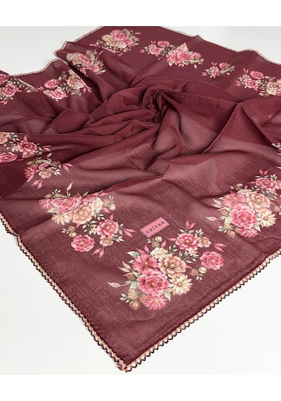 Huzurlu İpek Eripek Oyalı Pamuk Yazma 6589 Bordo