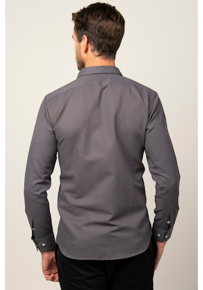 Tudors Modern Fit Uzun Kollu Armürlü Kravatlık Erkek Gri Gömlek-26541 Gri