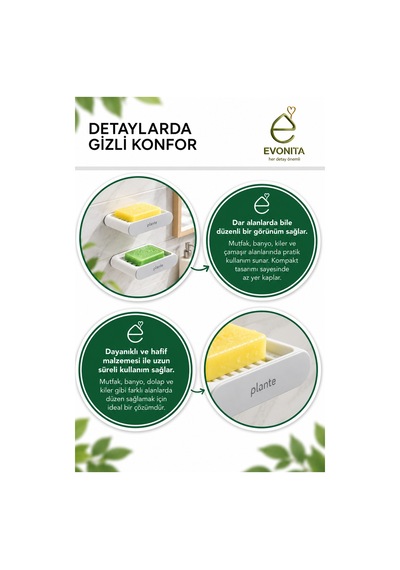 Evonıta 2 Li Duvara Monte Sabunluk Delikli Su Tahliyeli Banyo Duş Mutfak Sabunluk Organizer Beyaz Siyah