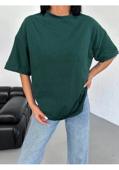 Freedom Storee Kadın Düz T-shirt Kısa Kol Bisiklet Yaka Oversize Rahat Kalıp Günlük Tişört - Haki Çok Renkli