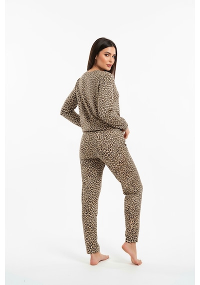 Bisiklet Yaka Süet Pijama Takımı 6006 Leopar Kahverengi