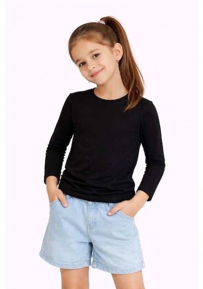 Kız Çocuk Basic Uzun Kollu Tişört Okul Günlük Rahat T-shirt - Siyah Çok Renkli Kız Çocuk Basic Uzun Kollu Tişört Okul Günlük Rahat T-shirt - Siyah Çok Renkli