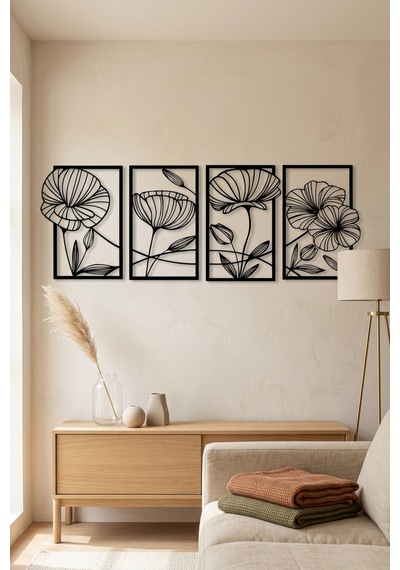 4 Parçalı Çiçek Desenli Duvar Dekoru Seti 23x2 Cm