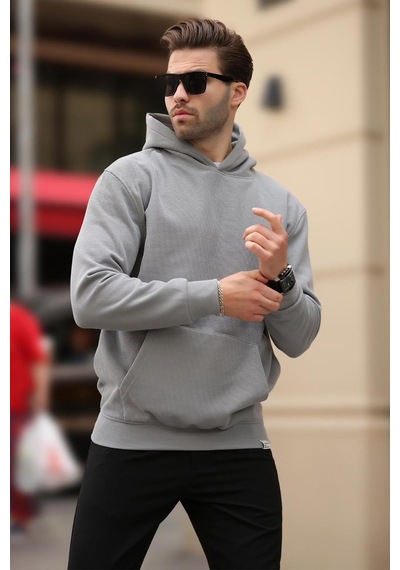 Madmext Boyalı Gri Kapüşonlu Cep Detaylı Sweatshirt 7095 Gri