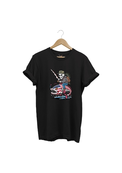 Fishing Balıkçılık Pirana Ve İskelet Tasarım Baskılı %100 Pamuk Regular Fit T-shirt Siyah