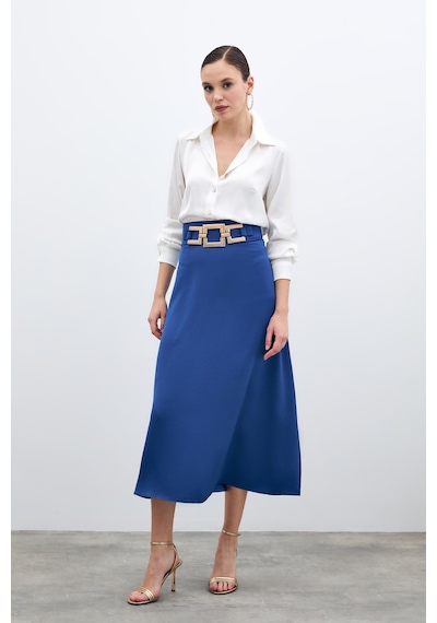 Sateen Bel Aksesuarlı Saten Krep Etek - Sax Mavi-135690 Saks Mavi