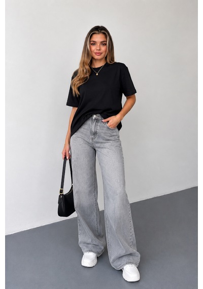 Stilera Kadın Oversize Basic Kısa Kollu Bisiklet Yaka Düz Tişört Siyah