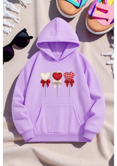 Uyguntarz Unisex Kalp Lolipop Detayli Baskılı Oversize Sweatshirt Lila