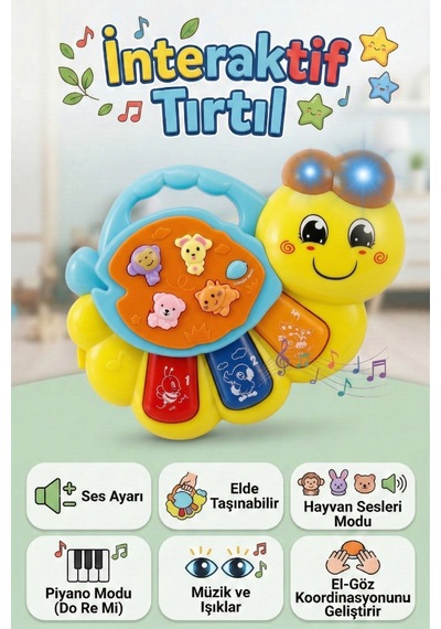 Eğitici Işıklı Müzikli İnteraktif Tırtıl Bebek Piyanosu - Hayvan Sesli Duyusal Gelişim Oyuncağı