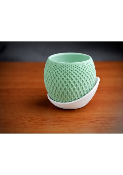 3d Baskı Küre Saksı - Kafes Dokulu İki Parçalı Dekoratif Saksı - Mint-beyaz