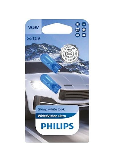 Philips T10 W5w Whitevision Ultra Halojen Sinyal Lambası, Çift Kabarcık, 35484330, Arabalar İçin, Beyaz Gün Işığı