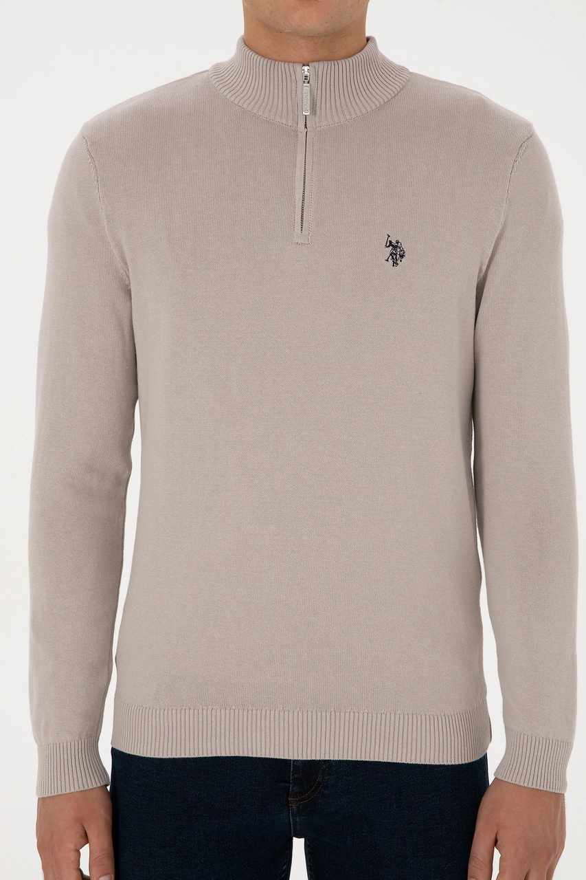 U.S. Polo Assn. Erkek Slim Fit Yarım Fermuarlı Taş Basic Kazak 50313695-VR049