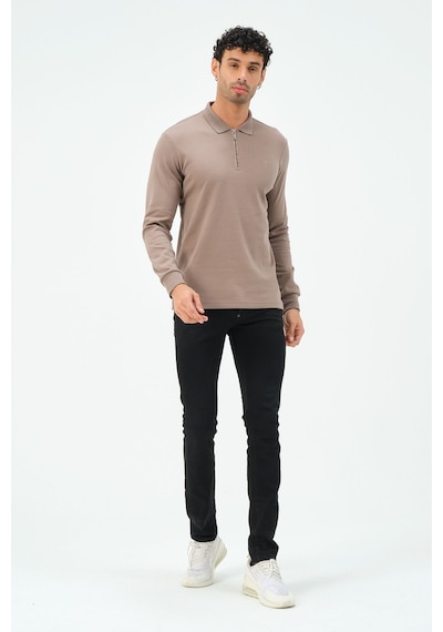 Fermuarlı Uzun Kollu Regular Fit Erkek Polo Yaka T-shirt Vizon