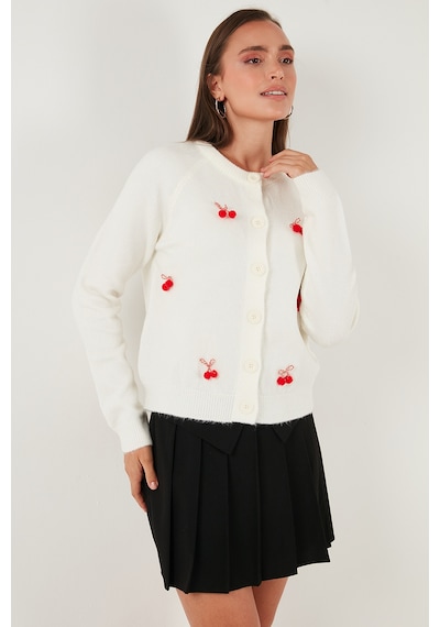 Lela Premium Regular Fit Bisiklet Yaka Kiraz Süslemeli Bayan Hırka 6802939A Ekru