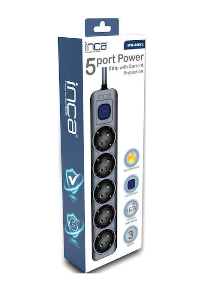 Inca Ipw-44sy3 5 Port Akım Korumalı Led Tuşlu Priz 3m - Siyah