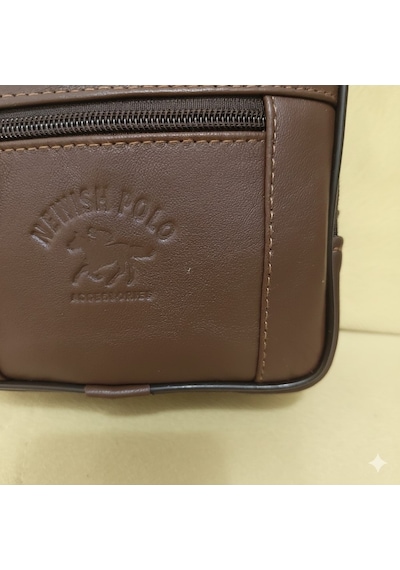 Newish Polo Erkek Deri Postacı Kasalı El Omuz Çantası Orta Kkahve Koyu Kahverengi