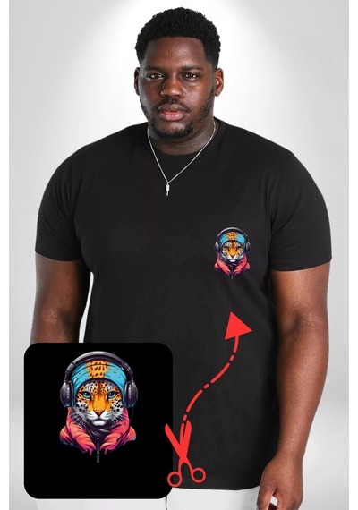 Angemiel Kulaklık Kedi Leopar Bandana Siyah Büyük Beden Kadın Basic Minimal Baskılı Tişört Siyah