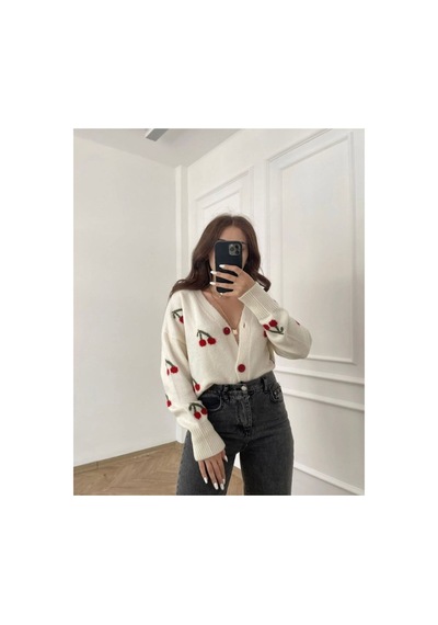 Flex Fashıon Kadın Trend Popüler Kiraz Detaylı Ekru Triko Hırka Ekru - 731502301 Ekru - 731502301 Ekru