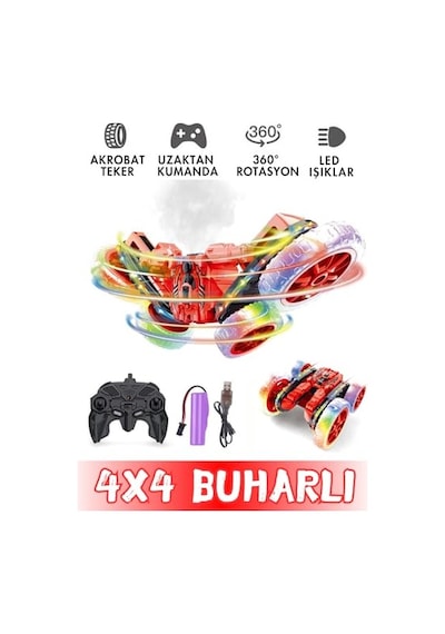 Giffy/oyuncak Buhar Atan Akrobatik Araba 2.4 Ghz Uzaktan Kumandalı Şarjlı Led Işıklı Kırmızı