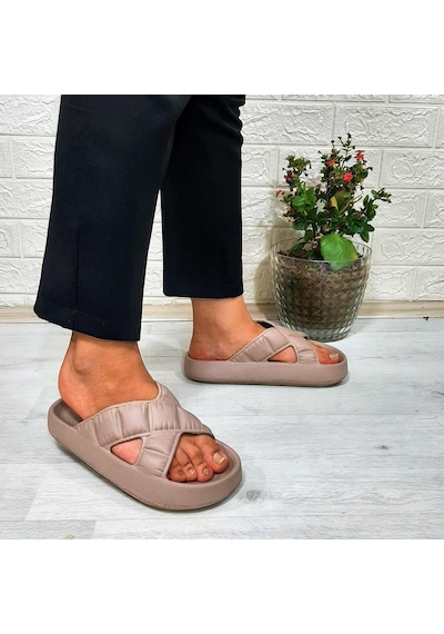 Akınalbella 408 Camel Renk Çapraz Eva Hafif Rahat Kadın Terlik 001