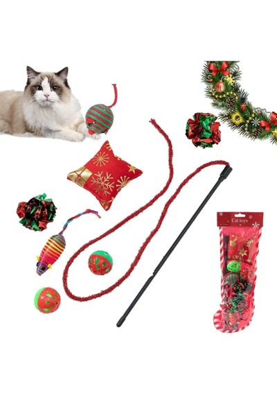 Yılbaşı Konseptli Kedi Oyuncak Seti Zilli, Peluş Ve Oltalı Eğlenceli Kedi Oyun Seti