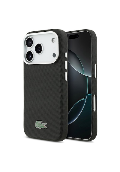 Apple iPhone 17 Pro Kılıf Lacoste Lisanslı M-safe Uyumlu Pvc Pike Desenli İkonik Timsah Logolu Kapak Siyah