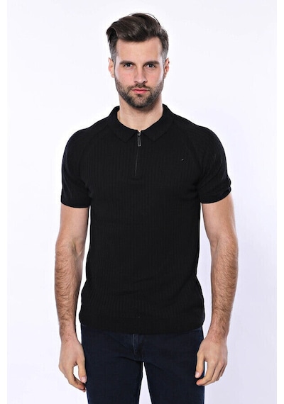 Yake Store Polo Yaka Fermuarlı Siyah Örme T-shirt Wessi - Siyah