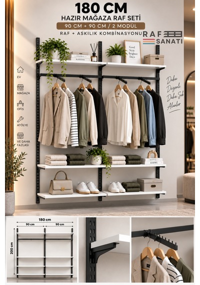 180 Cm Duvar Raf Askılık Sistemi 6 Raflı 2 Modül 200 Cm Konik Dikme Hazır Set Beyaz
