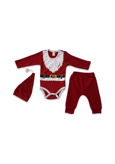 Babysena Noel Baba Kostümü Baskılı Bebek 3'lü Takım Kırmızı