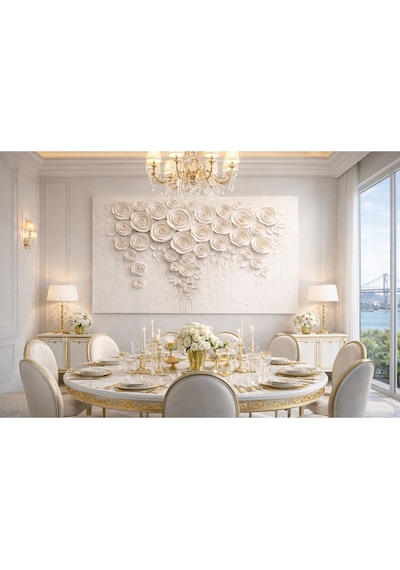 Güllü Kalp Tablo 3d Dokulu Beyaz Çiçek Duvar Dekoru, Modern Luxury Kanvas
