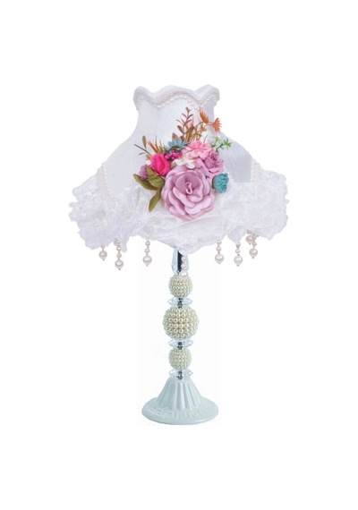 Renkli Çiçek Dekorlu Beyaz Kadife Başlık Beyaz İnci Ayaklı Klasik Model Şık Abajur 50x30cm