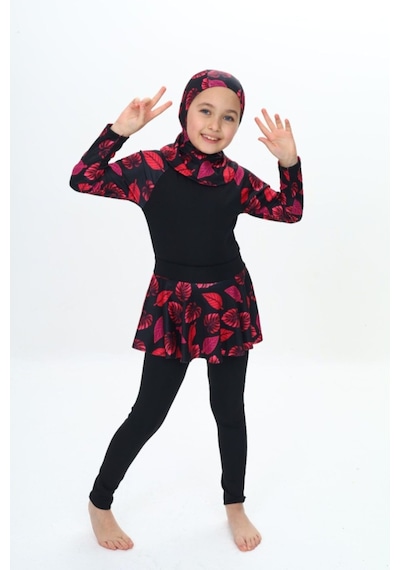 My Kids Wear Üç Parça Kız Çocuk Haşema, Tesettür, Etekli, Kapalı Mayo Mint Yeşili - Pembe