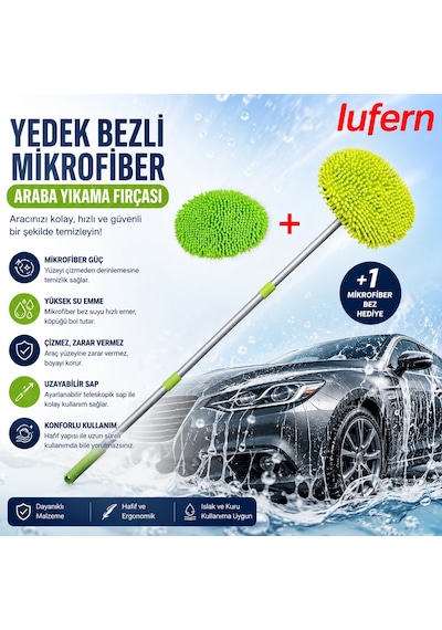 Yedek Bezli Mikrofiber Araba Yıkama Fırçası Kir İz Bırakmaz Kaporta Cam Yüzey Jant Teleskopik Sap