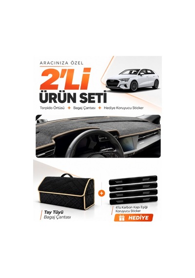 E-biz Audi A3 2020-2026 Uyumlu Torpido Örtüsü + Tay Tüyü Bagaj Çantası Seti - Siyah-bej - Au008