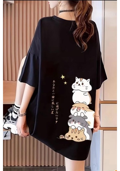 Harajuku Japon Yazılı Kedi Tasarımlı Unisex Oversize T-shirt SIYAH