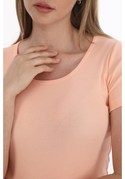 Monox Kadın Fitilli Likralı Pamuk Basic Tshirt Somon
