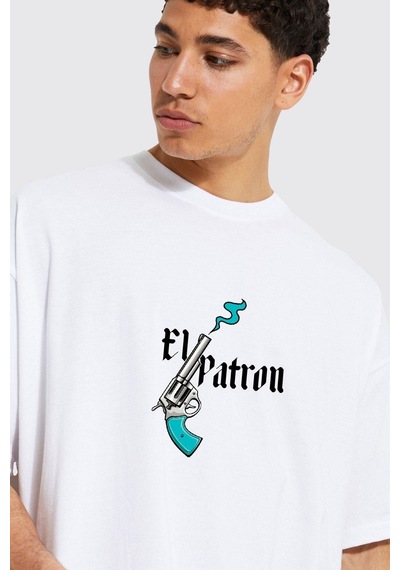 Gang Serıes Erkek Beyaz Oversize Pablo El Patron Baskılı T-shirt Beyaz