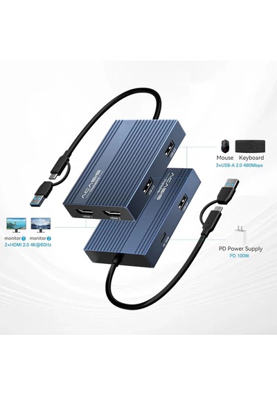 Acasis Ds0602 Type-c & Usb-a Harici Ekran Kartı Kiti - 2xhdmı 4k 60hz, 2x Usb-a 2.0, 100w Pd, Tak Çalıştır, Çoklu Ekran Adaptörü Ds0602