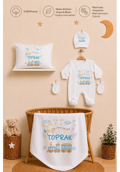 Pia Baby İsme Özel Erkek Bebek Tulum Seti %100 Pamuk Organik Baskılı Yastık Kılıfı Ve Battaniyeli Tulum 2096tyb3x Ekru