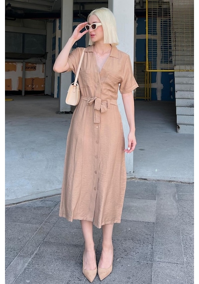 Madmext Camel Gömlek Yaka Cep Detaylı Düğmeli Uzun Elbise Mg2083-camel