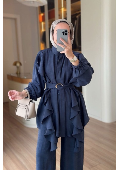 Ka Hijab Fırfır Detaylı Kuşaklı Takım - Lacivert