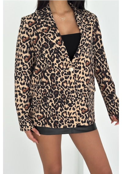 Femelle Kahverengi Leopar Desenli Blazer Ceket Vatkalı İçi Astarlı