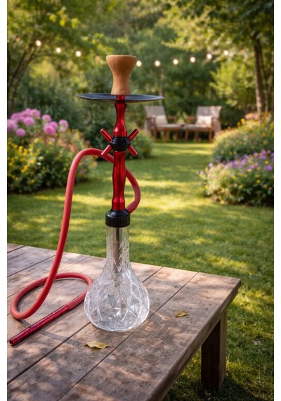 Lüks Cam Nargile Takımı 60 Cm Kırmızı Metal Gövde, Şeffaf Cam Taban 16 Cm, Bahçe Balkon Teras Kullanımına Uygun