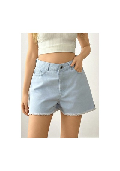 Kene Jeans Paça Püskül Yan Yırtmaç Arka Cep Nakışlı Buz Mavi Kot Şort Mavi