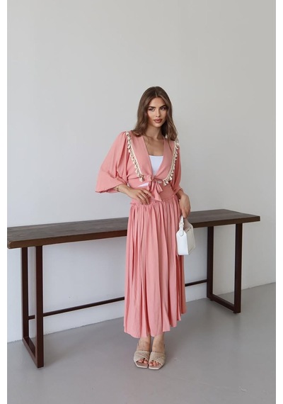 Neşeli Butik Kadın Püskül Detaylı Yırtmaçlı Bohem Takım Nbnp015 Pembe