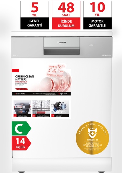 Toshiba DW-14F6ME W TR Uv Hijyen Ve Breez Dry Kurutma 8 Programlı Bulaşık Makinesi Beyaz