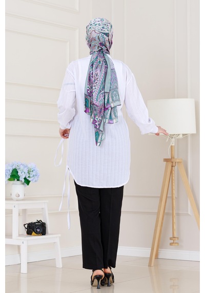 Sevitli Cepken Detaylı Bağlamalı Keten Tunik-beyaz-5117 Beyaz
